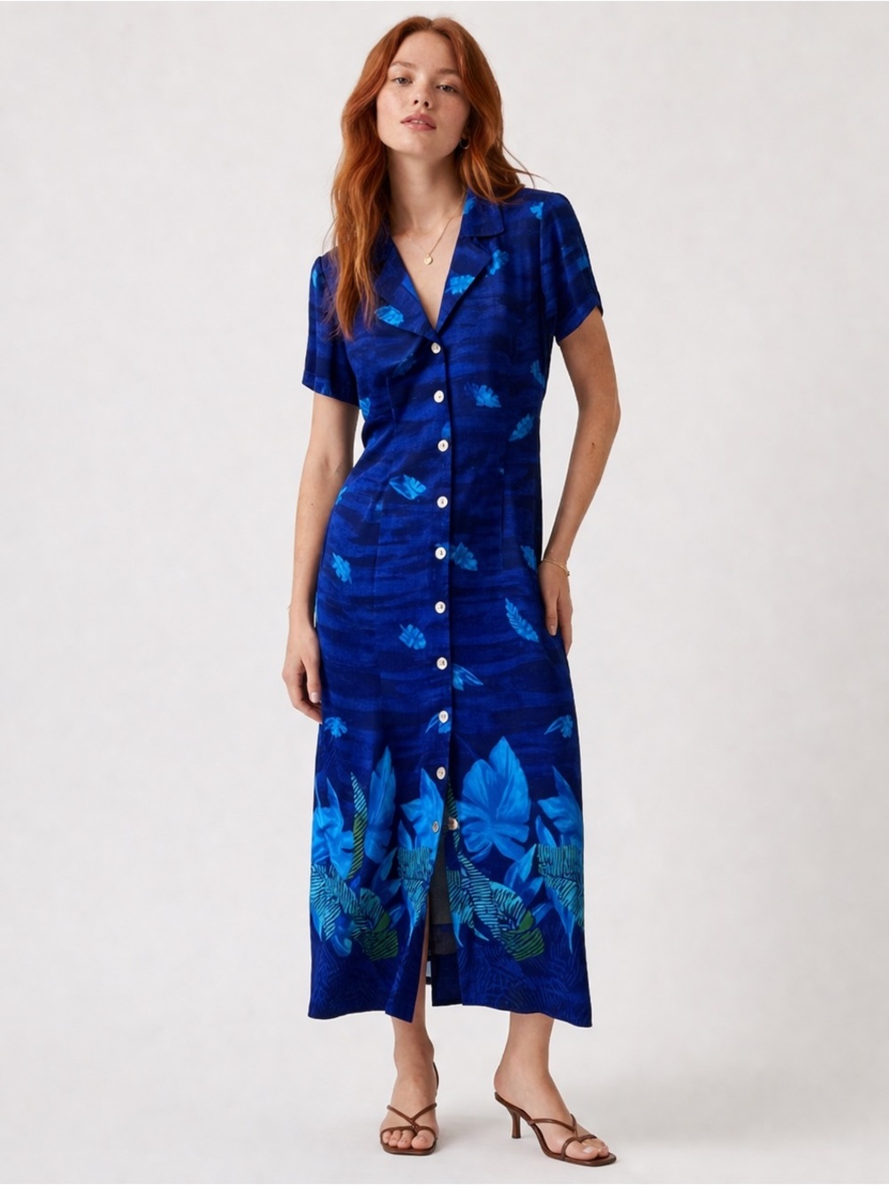 Vintage Dress Barn Blue Tropical Print Button-Down Dress